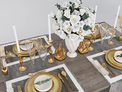 Elegant Dinnerware Set With Golden Cutlery White Flower Bouquet Gold Candle Holders And Glassware 3d model