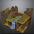 3D Brick Scene Design Featuring Stream Waterfall Bridge Grass And Platform