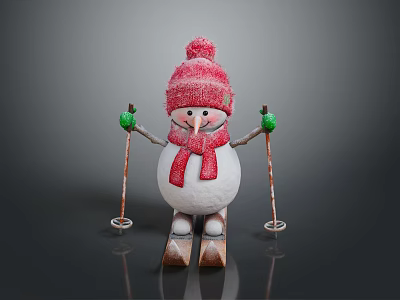 Snowman Character In Red Hat Scarf Holding Ski Poles Standing On Skis 3d model