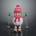 Snowman Character In Red Hat Scarf Holding Ski Poles Standing On Skis