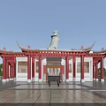 Ancient Chinese Architecture With Traditional Curved Eaves Red Pillars And Front Statue In Stone Courtyard