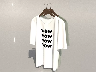 White And Light Green T Shirts With Black WOW Text Print Hanging On Wooden Hangers 3d model