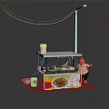Street Food Stall Setup With Noodle Sign Cups Cooking Tools And Lamp Post Wires