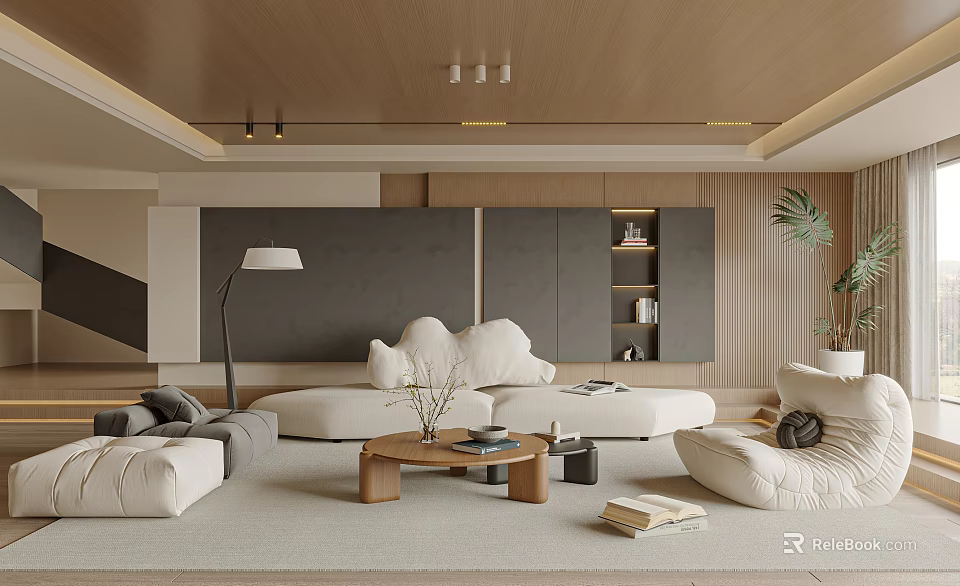 Modern Living Room Interior With Comfortable Sofa Wooden Coffee Table Floor Lamp And Potted Plant 3d model 