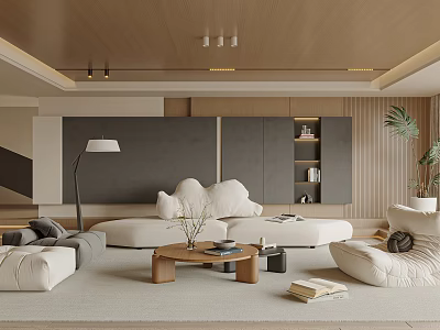 Modern Living Room Interior With Comfortable Sofa Wooden Coffee Table Floor Lamp And Potted Plant 3d model
