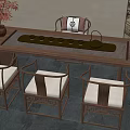 Wooden Chinese Style Tea Table with White Cushioned Chairs and Tea Set on Screen Backdrop