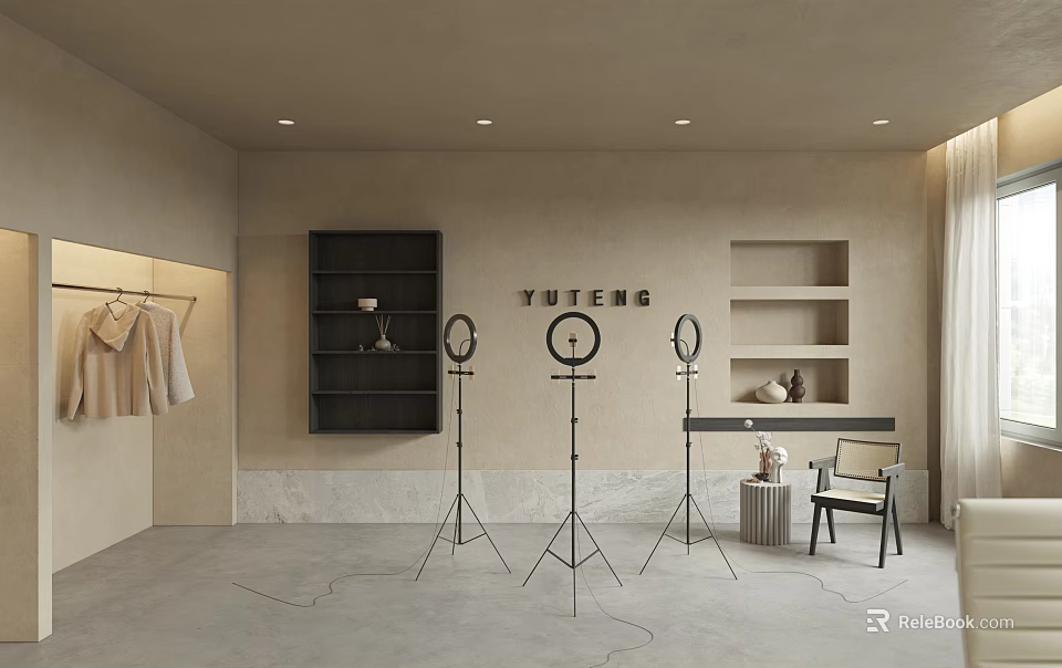 Minimalist Co working Space With Ring Lights And Shelves 3d model