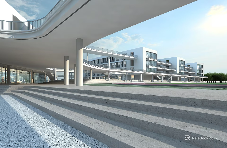 Modern School Building With White Exterior Glass Curtain Walls Arched Corridors And Open Plaza Steps 3d model 