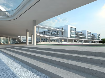 Modern School Building With White Exterior Glass Curtain Walls Arched Corridors And Open Plaza Steps 3d model