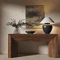 Wooden Console Table with Vase Plants Black Bowl Table Lamp and Wall Art