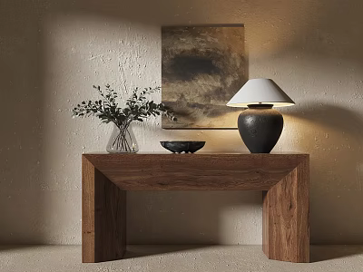 Wooden Console Table with Vase Plants Black Bowl Table Lamp and Wall Art 3d model