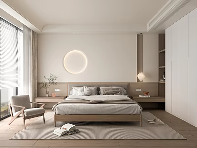 Modern Bedroom Interior Design With Round Light Wooden Bed Accent Chair And Rug 3d model