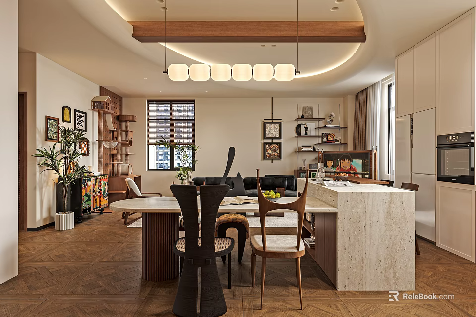 Modern Open Concept Dining and Living Room With Pendant Lights Dining Table and Kitchen Island 3d model 