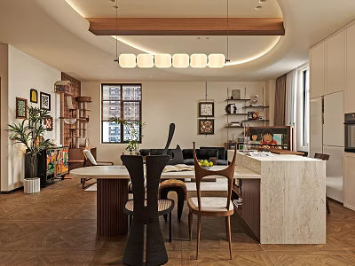 Modern Open Concept Dining and Living Room With Pendant Lights Dining Table and Kitchen Island 3d model