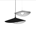 Modern Black And White Pendant Lights With Funnel Shapes Illuminated On Gray Background