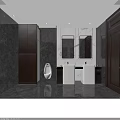 Modern Public Restroom With Marble Walls Double Sinks Urinal Mirrors And Elegant Lighting