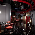 Luxurious Modern Restaurant Interior With Red Curved Decor Black Pillars And Wine Bar Counter