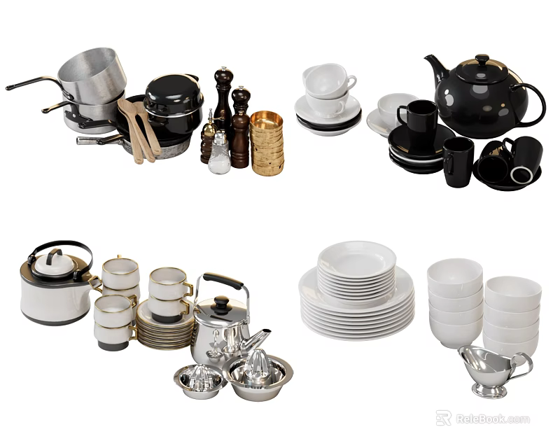 Complete Tableware Set Featuring Pots Cups Plates Teapot Bowls And Spice Jars 3d model