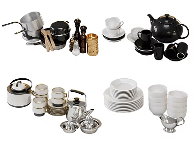Complete Tableware Set Featuring Pots Cups Plates Teapot Bowls And Spice Jars 3d model