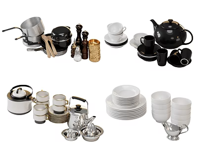 Complete Tableware Set Featuring Pots Cups Plates Teapot Bowls And Spice Jars 3d model