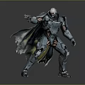 Sci Fi Character In Metallic Armor Holding Gun With Tattered Cloak And Battle Stance