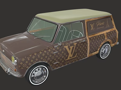 Vintage Compact Car With Louis Vuitton Monogram Pattern Brown Body And Light Green Roof 3d model