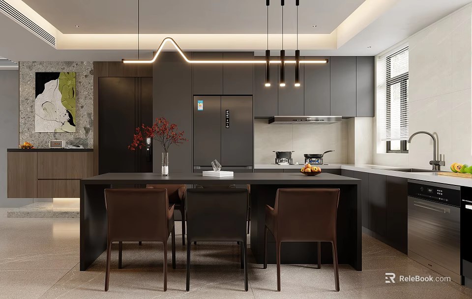 Modern Kitchen Interior With Dark Gray Cabinets Black Island Counter Brown Chairs And Hanging Lights 3d model 