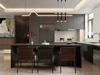 Modern Kitchen Interior With Dark Gray Cabinets Black Island Counter Brown Chairs And Hanging Lights 3d model
