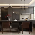 Modern Kitchen Interior With Dark Gray Cabinets Black Island Counter Brown Chairs And Hanging Lights