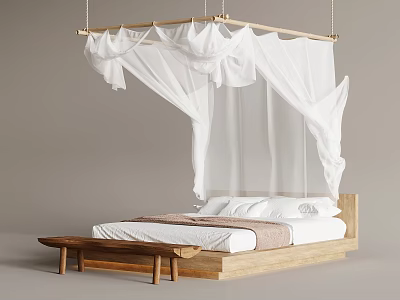 Minimalist Bedroom Interior Design Wooden Bed With Flowing White Canopy And Bench 3d model