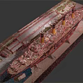 Detailed Ship Model with Yellow Funnels Red Hull in Dockside Diorama Including Railway Track