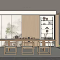 Modern Chinese Style Tea Room With Wooden Furniture Tea Sets And Landscape Painting Screen
