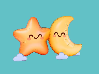 Inflatable Star and Moon Shaped Decorations With Smiling Faces and Clouds on Blue Background 3d model