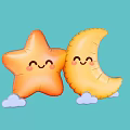Inflatable Star and Moon Shaped Decorations With Smiling Faces and Clouds on Blue Background