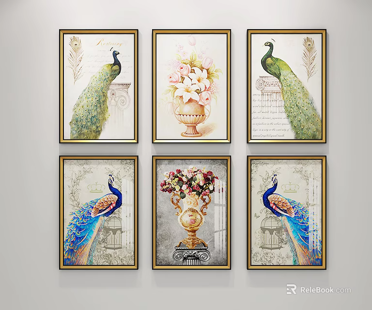 Elegant Decorative Paintings With Peacock Vase Flowers And Architectural Elements 3d model