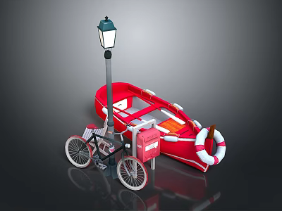 Vintage Street Lamp Bicycle Red Boat And White Lifebuoy In Outdoor Scene 3d model