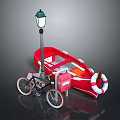 Vintage Street Lamp Bicycle Red Boat And White Lifebuoy In Outdoor Scene