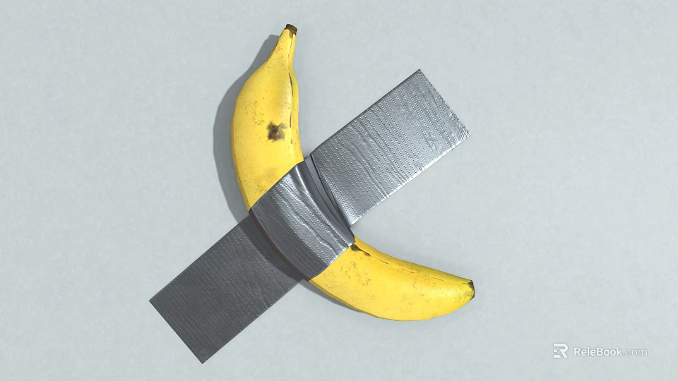Banana with silver metal piece crossed and wrapped on gray background 3d model 