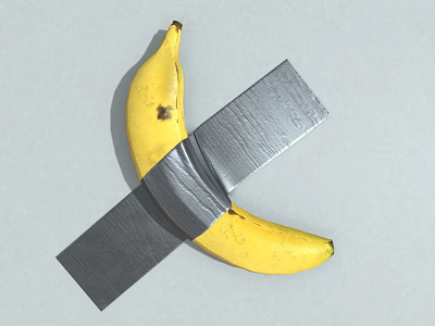 Banana with silver metal piece crossed and wrapped on gray background 3d model