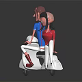 Two Cartoon Characters Riding White Scooter Male In Blue Striped Shirt Female In Red Top