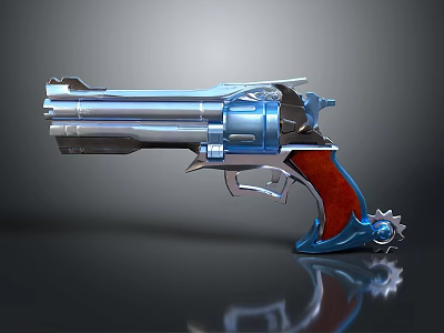 Mechanical Revolver With Blue Metallic Components Silver Barrel Red Wooden Grip And Gear Details 3d model