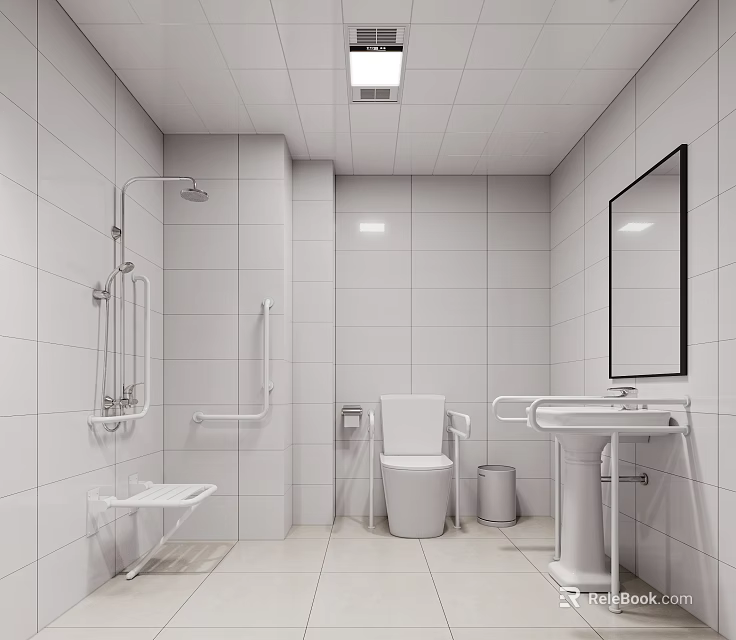 Other Bathroom Interior Design With White Tiled Walls Shower Toilet And Sink 3d model 