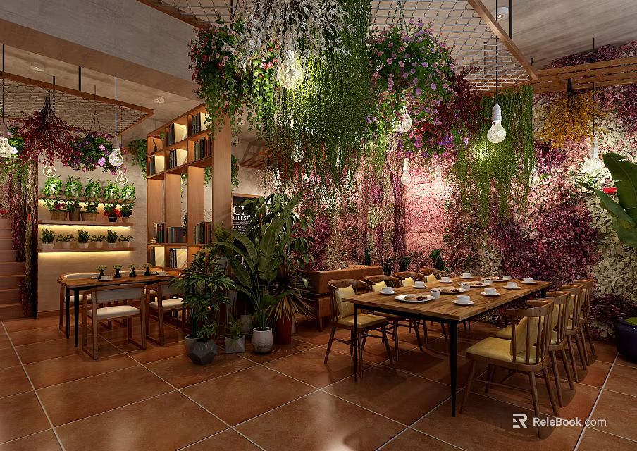 Cozy Cafe Interior With Hanging Green Plants Flower Wall Bookshelves And Wooden Dining Tables 3d model 