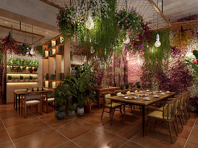 Cozy Cafe Interior With Hanging Green Plants Flower Wall Bookshelves And Wooden Dining Tables 3d model