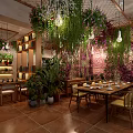 Cozy Cafe Interior With Hanging Green Plants Flower Wall Bookshelves And Wooden Dining Tables