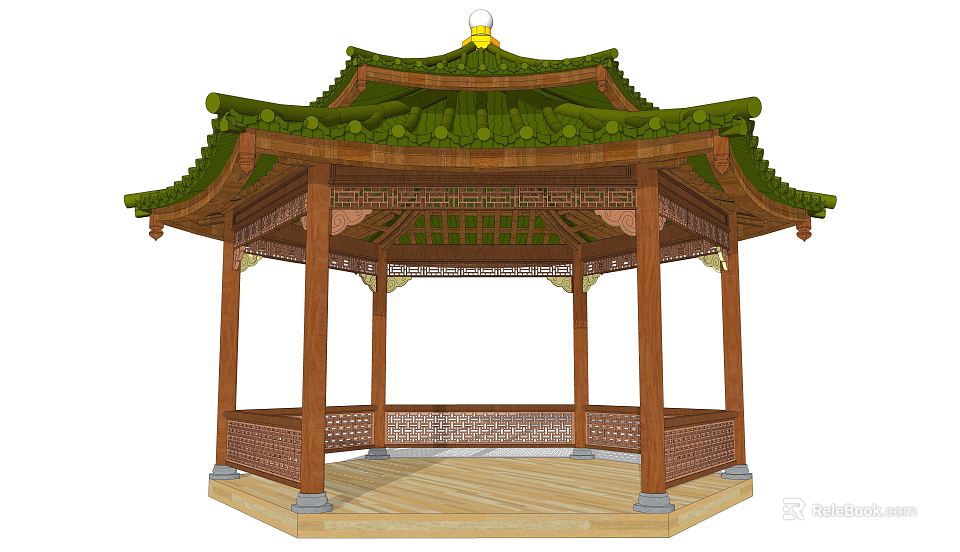 Traditional Chinese Pavilion With Green Tiled Roof Wooden Structure Carved Railings And Square Base 3d model 