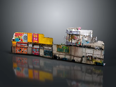Weathered Multi Story Shop Building Model With Colorful Signs And Reflection 3d model