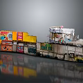 Weathered Multi Story Shop Building Model With Colorful Signs And Reflection