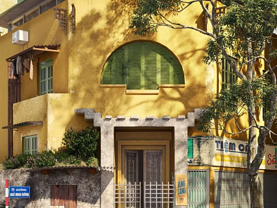 Vibrant Commercial Street With Yellow Buildings Arched Green Shutters Wooden Doors And Trees 3d model