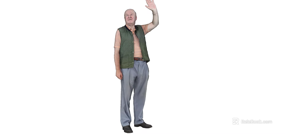 Man waving hand wearing green vest striped shirt gray pants black shoes 3d model 